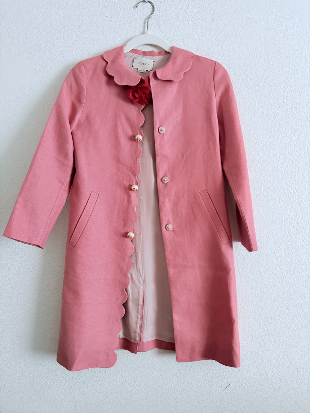GUCCI Girls' Pink Scalloped Coat with Flower Detail Sz 12